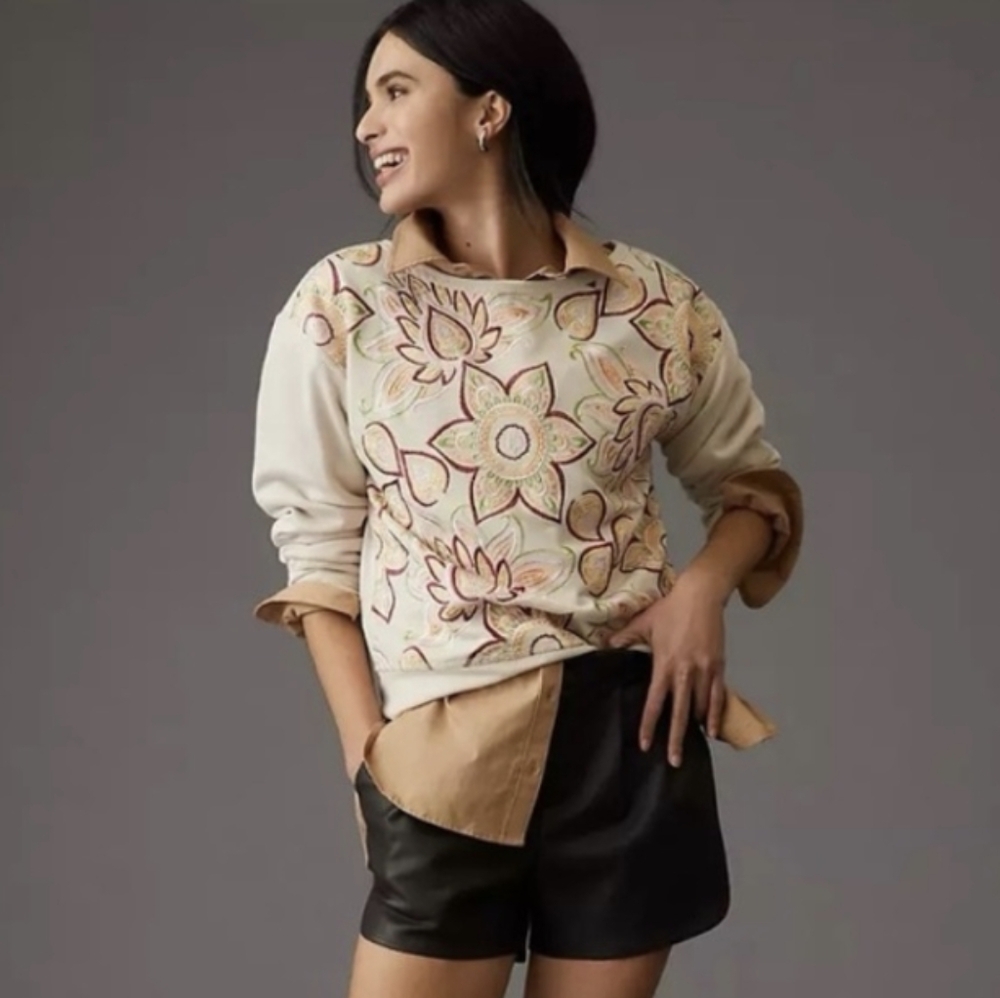 Anthropologie Tiny Helena Embroidered L/S Floral Pullover XXS Tan Multicolor EUC